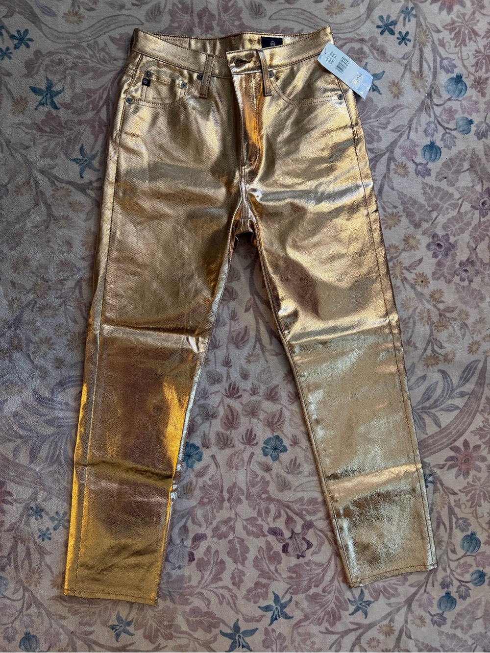 AG Metallic Rose Gold Straight-Leg Pants